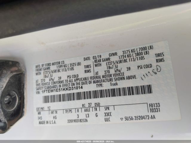 1FTEW1E51KKD31014 Ford F-150 Lariat