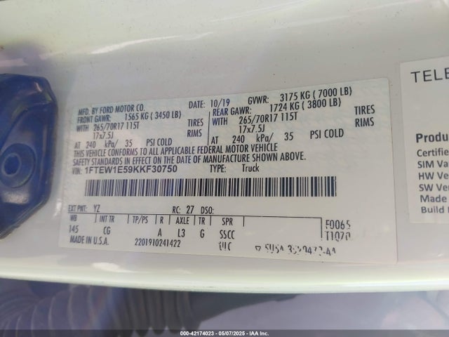 1FTEW1E59KKF30750 Ford F-150 Xl