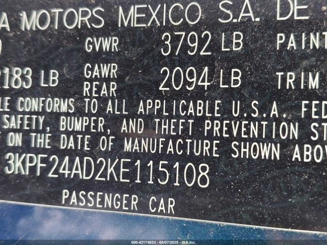 3KPF24AD2KE115108 KIA Forte Lxs