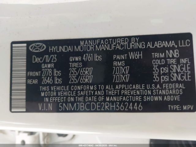 5NMJBCDE2RH362446 Hyundai TUCSON SEL