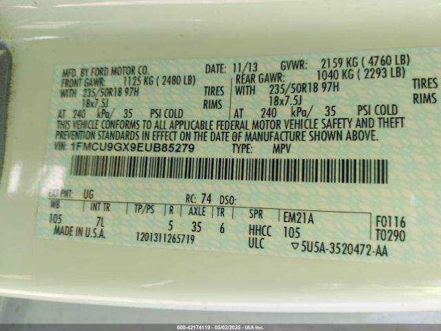 1FMCU9GX9EUB85279 Ford ESCAPE SE