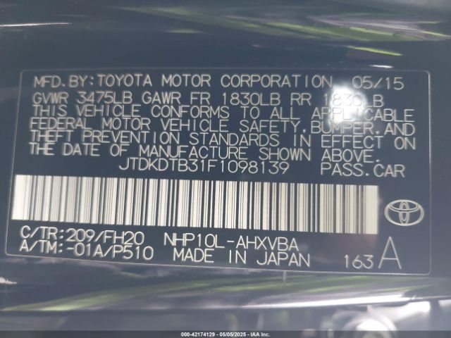 JTDKDTB31F1098139 Toyota Prius C One