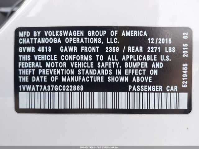 1VWAT7A37GC022869 Volkswagen Passat 1.8t S