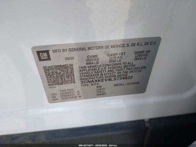 3GNAXKEV4LS734922 Chevrolet Equinox Fwd Lt 1.5l Turbo