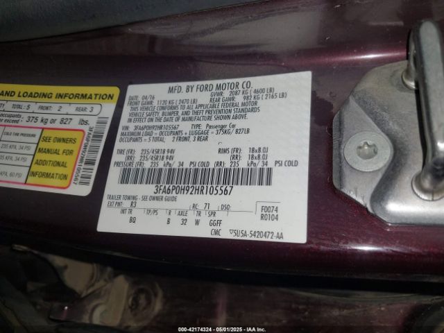 3FA6P0H92HR105567 Ford FUSION SE