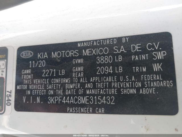 3KPF44AC8ME315432 KIA Forte Gt Manual