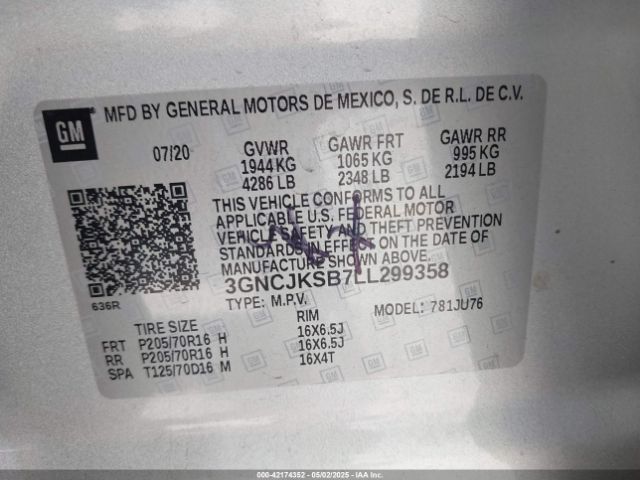 3GNCJKSB7LL299358 Chevrolet Trax Fwd Ls