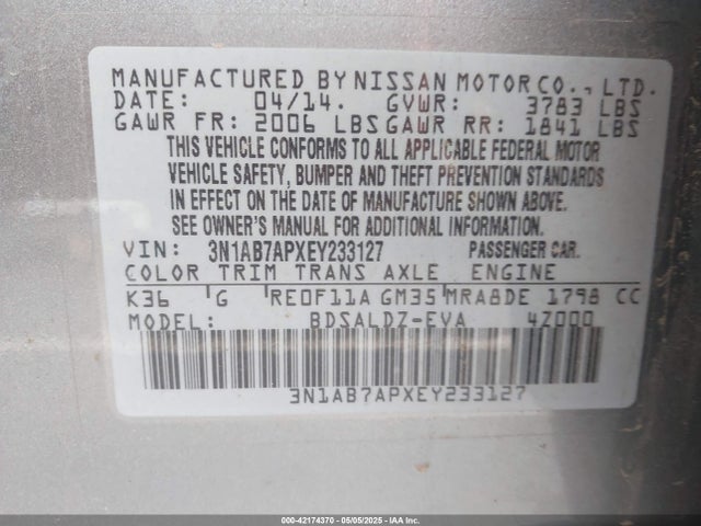 3N1AB7APXEY233127 Nissan SENTRA SV
