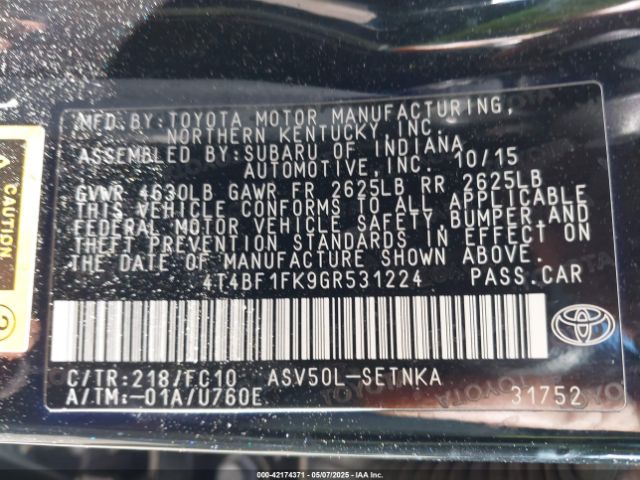 4T4BF1FK9GR531224 Toyota CAMRY LE