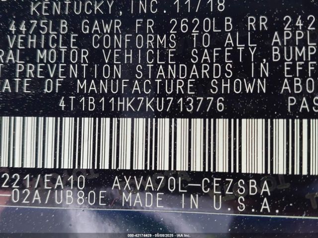 2019 TOYOTA CAMRY 4T1B11HK7KU713776 Photo 8