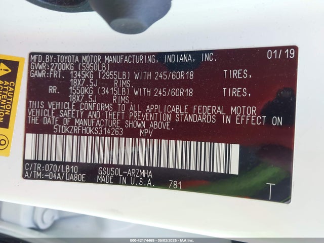 5TDKZRFH0KS314263 Toyota Highlander Xle