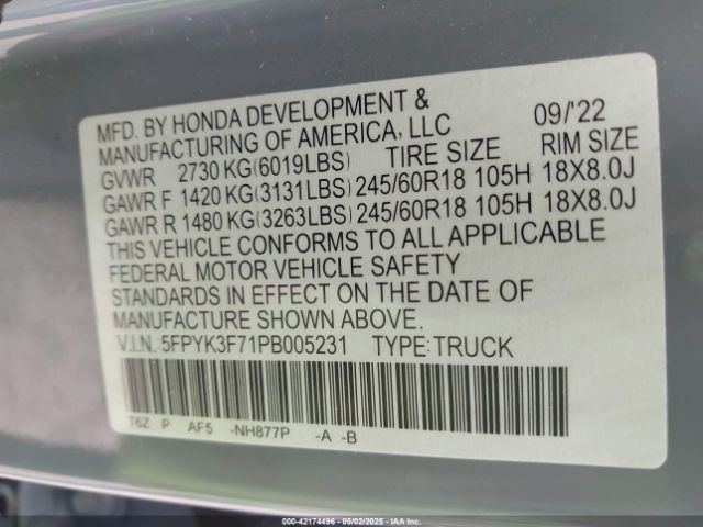 5FPYK3F71PB005231 Honda Ridgeline Rtl-e