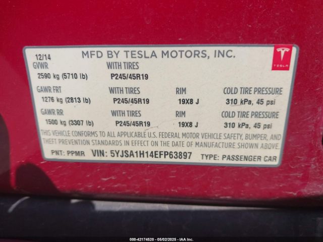 5YJSA1H14EFP63897 Tesla Model S P85