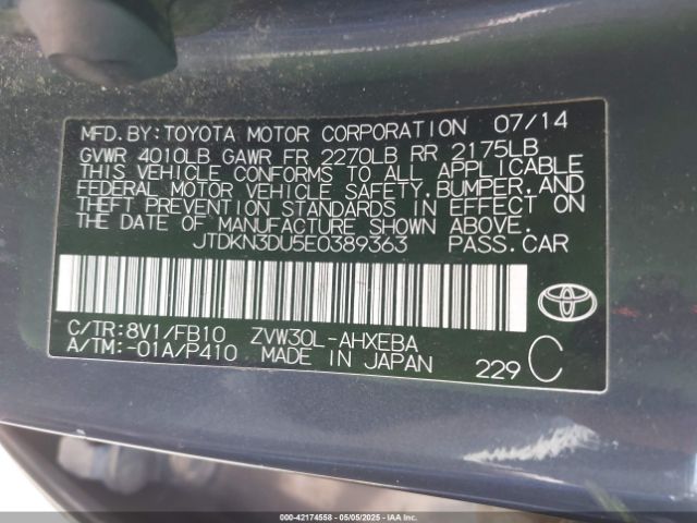 JTDKN3DU5E0389363 Toyota Prius Two