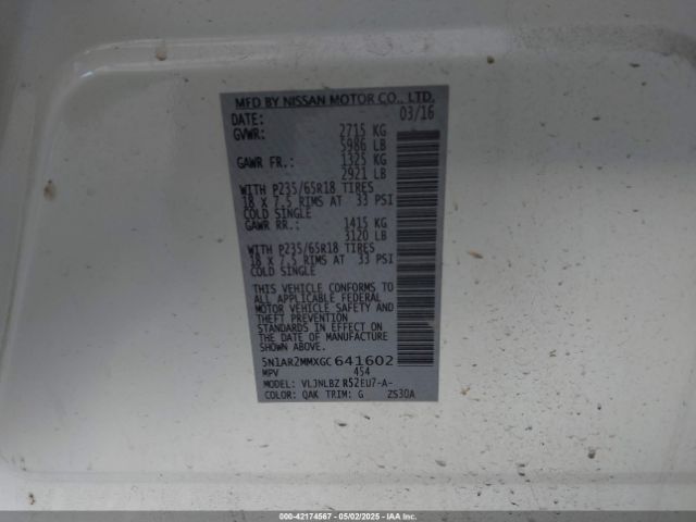 5N1AR2MMXGC641602 Nissan Pathfinder Platinum/s/sl/sv