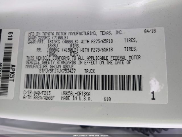 5TFUY5F17JX753427 Toyota Tundra Sr5 5.7l V8