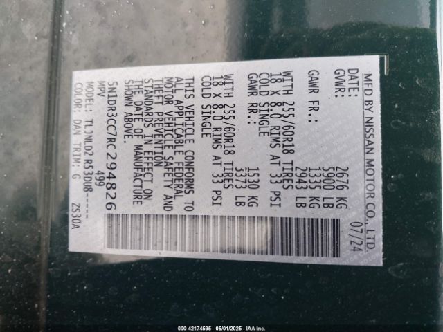 5N1DR3CC7RC294826 Nissan Pathfinder Sl 4wd