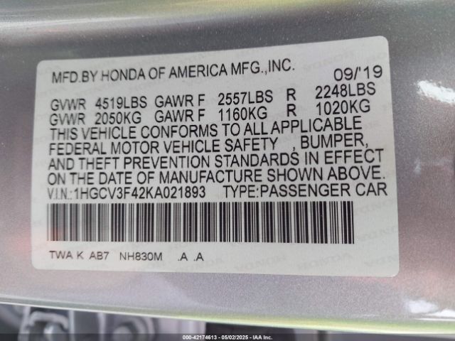 1HGCV3F42KA021893 Honda lfb2