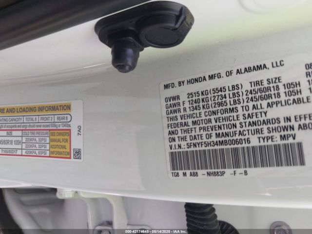 5FNYF5H34MB006016 Honda Pilot 2wd Ex
