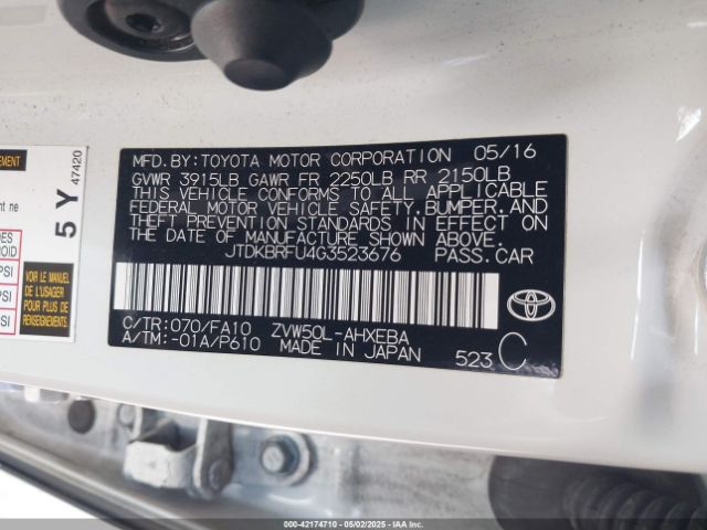 JTDKBRFU4G3523676 Toyota Prius Two