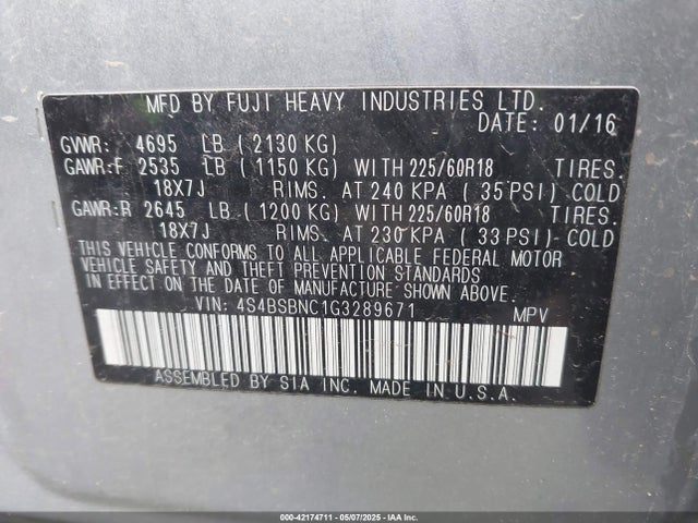 4S4BSBNC1G3289671 Subaru Outback 2.5i Limited
