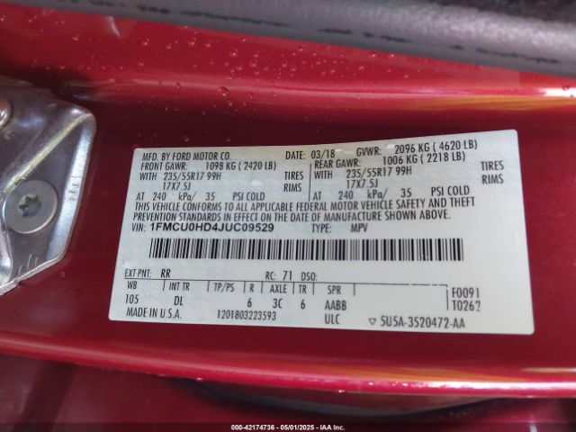 1FMCU0HD4JUC09529 Ford ESCAPE SEL