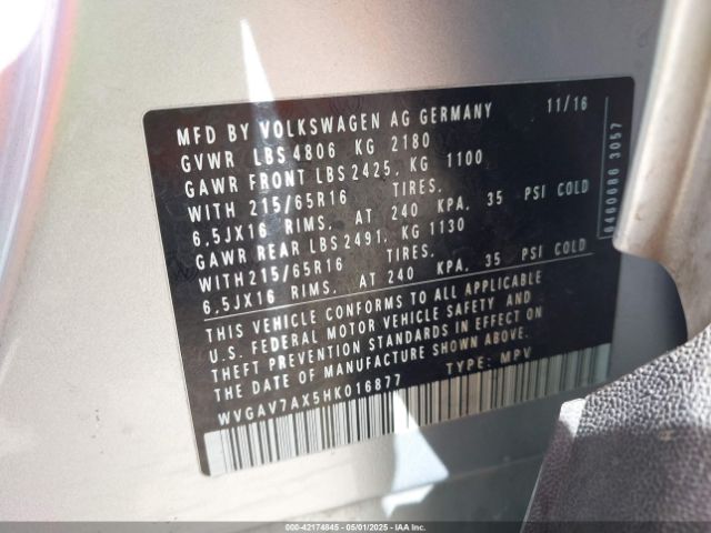 WVGAV7AX5HK016877 Volkswagen Tiguan 2.0t/2.0t S