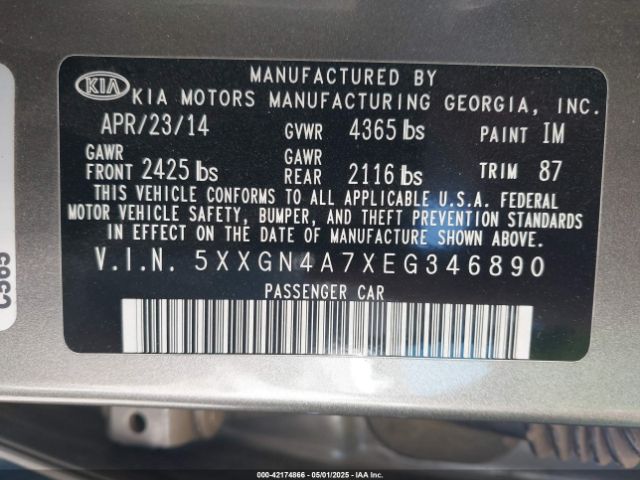 5XXGN4A7XEG346890 KIA OPTIMA EX
