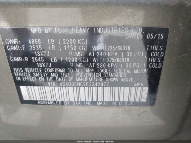 4S4BSENC2F3342877 Subaru Outback 3.6r Limited