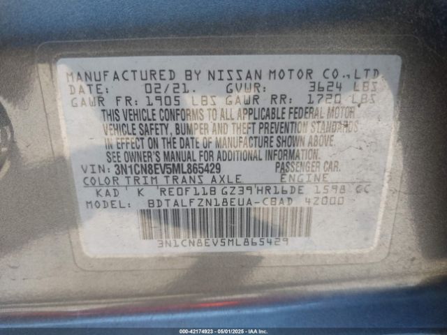 3N1CN8EV5ML865429 Nissan Versa Sv Xtronic Cvt
