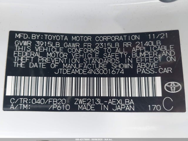 JTDEAMDE4N3001674 Toyota 2zr-fxe, 1nm