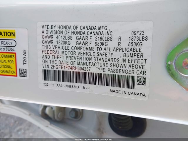 2HGFE1F74RH304237 Honda CIVIC EX
