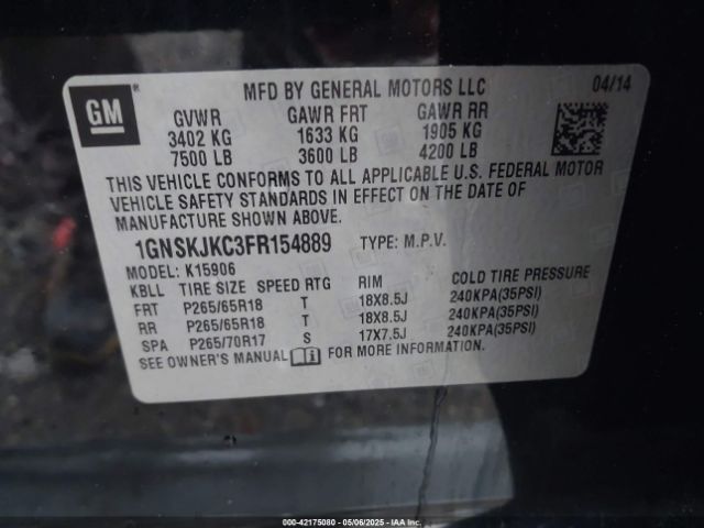 1GNSKJKC3FR154889 Chevrolet Suburban 1500 Lt