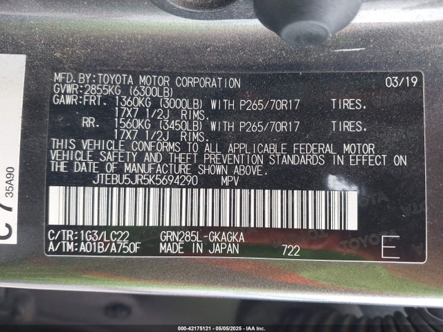 JTEBU5JR5K5694290 Toyota 4runner Trd Off Road Premium