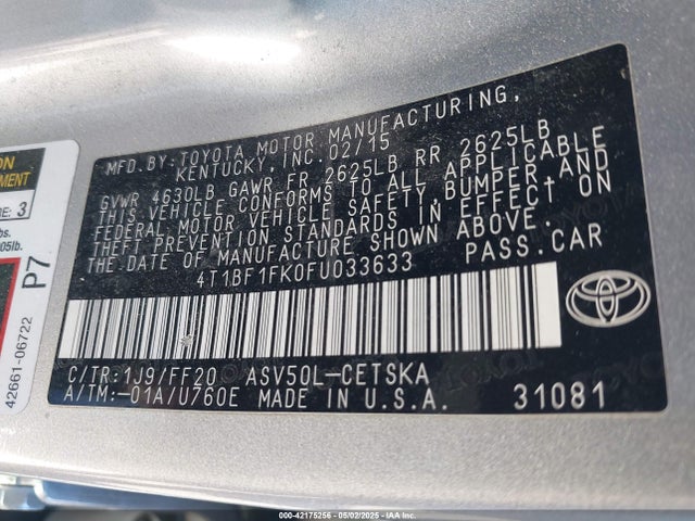 Toyota 2ar-fe 2015 4T1BF1FK0FU033633 Image 9