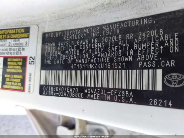 4T1B11HK7KU161521 Toyota CAMRY SE