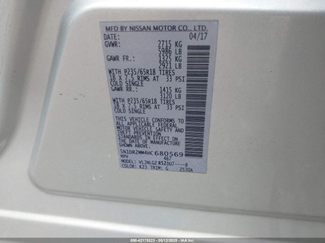 5N1DR2MM4HC680569 Nissan Pathfinder Sl