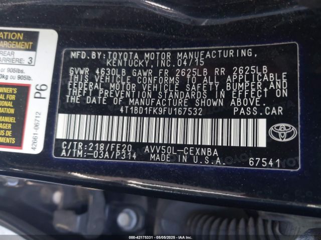4T1BD1FK9FU167532 Toyota Camry Hybrid Le