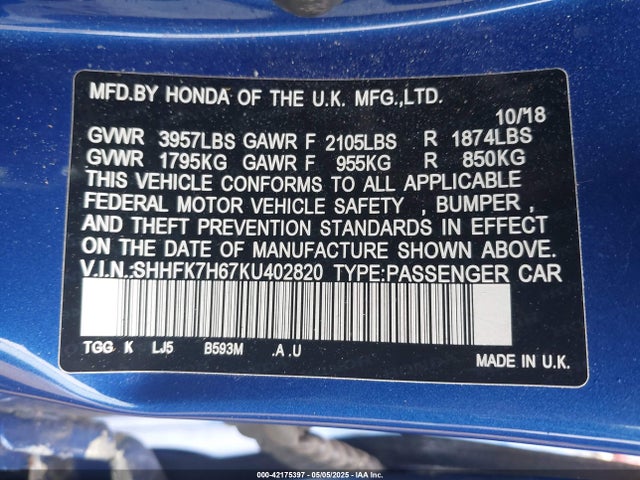 SHHFK7H67KU402820 Honda CIVIC EX