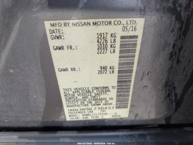 1N4AL3AP2GC230453 Nissan Altima 2.5 Sv