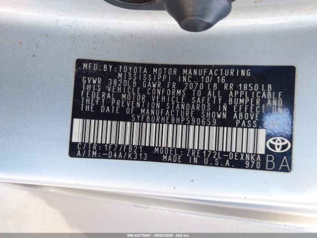 5YFBURHE8HP590659 Toyota 2zr-fe