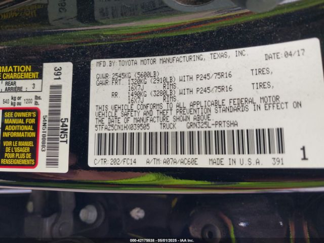 5TFAZ5CN1HX039505 Toyota Tacoma Sr5 V6