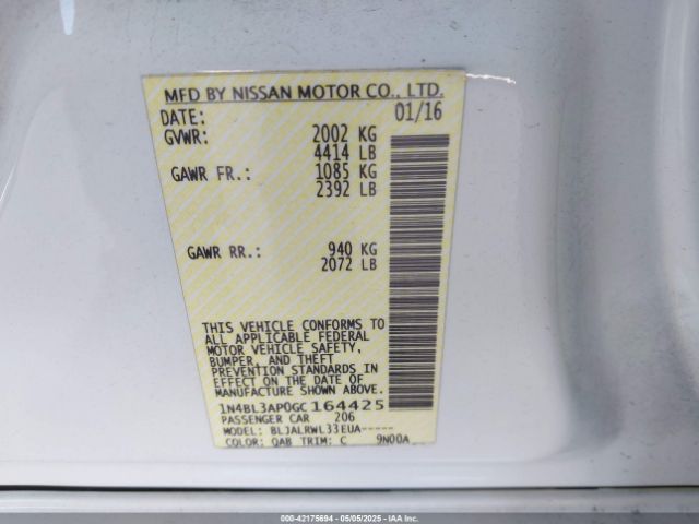 1N4BL3AP0GC164425 Nissan Altima 3.5 Sl
