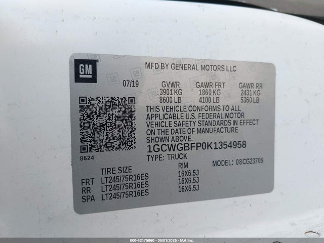 1GCWGBFP0K1354958 Chevrolet Express 2500 Work Van
