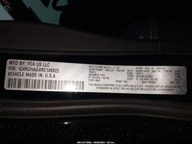 1C4RDHAG4RC149822 Dodge Durango Sxt Plus Rwd