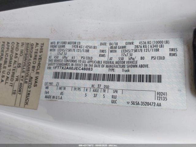 1FT7X2A60JEC48083 Ford F-250 Xl