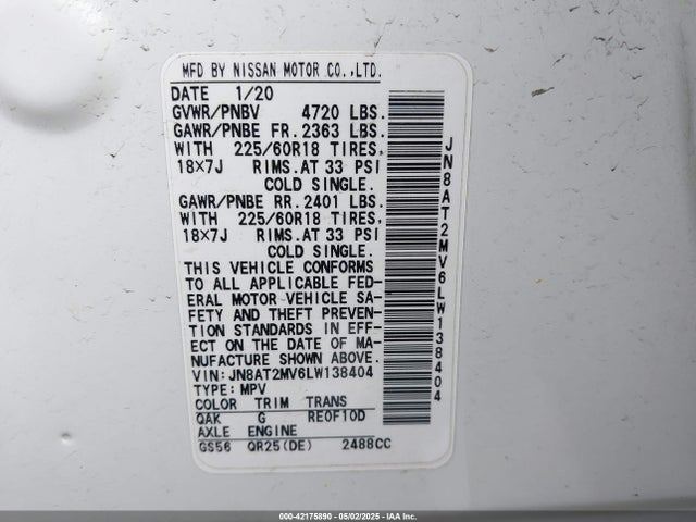 JN8AT2MV6LW138404 Nissan Rogue Sv Intelligent Awd