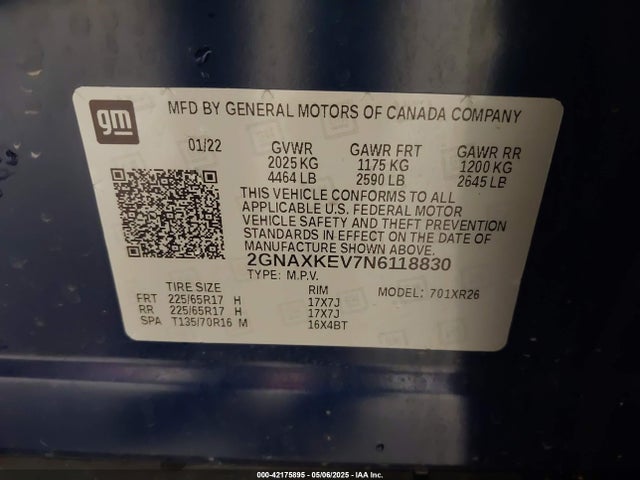 2GNAXKEV7N6118830 Chevrolet Equinox Fwd Lt
