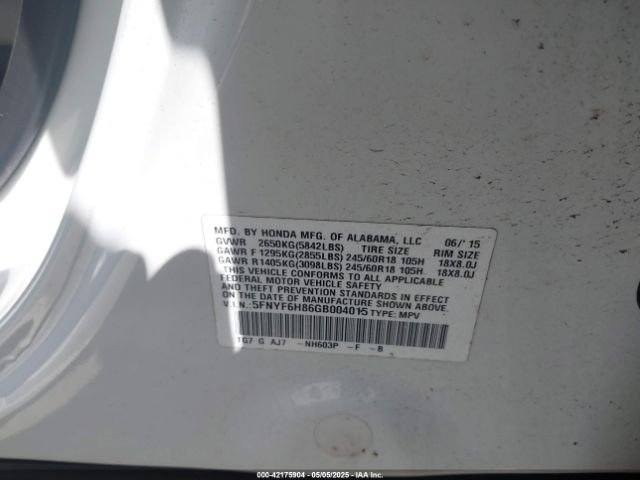 5FNYF6H86GB004015 Honda Pilot Ex-l