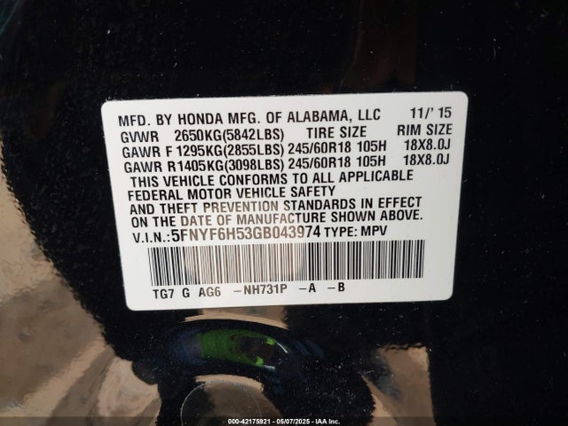 5FNYF6H53GB043974 Honda Pilot Ex-l
